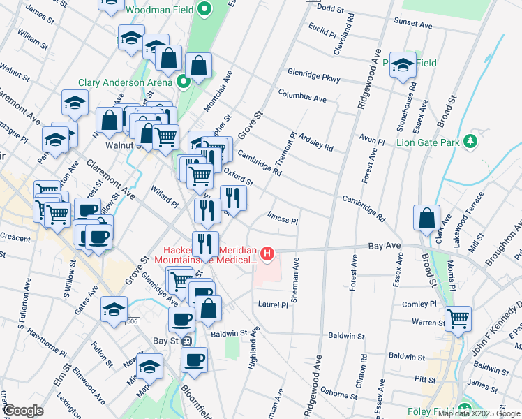 map of restaurants, bars, coffee shops, grocery stores, and more near 41 Oxford Street in Montclair
