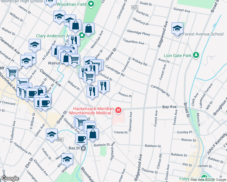 map of restaurants, bars, coffee shops, grocery stores, and more near 24 Walnut Parkway in Montclair