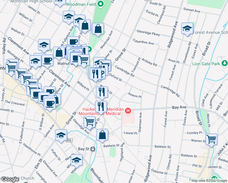 map of restaurants, bars, coffee shops, grocery stores, and more near 24 Walnut Parkway in Montclair