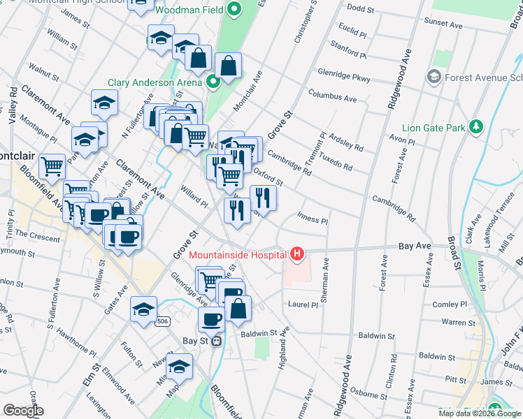 map of restaurants, bars, coffee shops, grocery stores, and more near 56 Walnut Street in Montclair