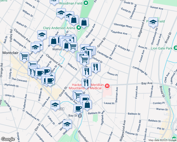 map of restaurants, bars, coffee shops, grocery stores, and more near 56 Walnut Street in Montclair