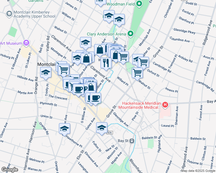 map of restaurants, bars, coffee shops, grocery stores, and more near 53 North Willow Street in Montclair