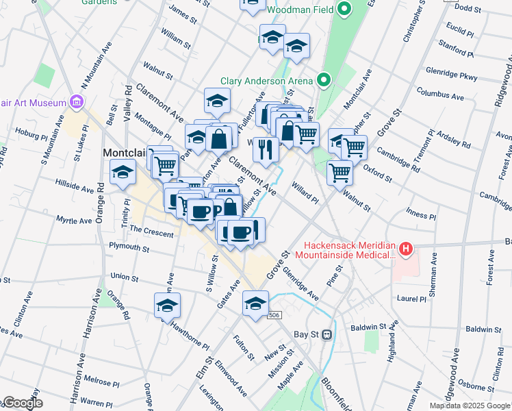 map of restaurants, bars, coffee shops, grocery stores, and more near 53 North Willow Street in Montclair