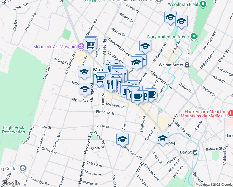 map of restaurants, bars, coffee shops, grocery stores, and more near 556 Bloomfield Avenue in Montclair