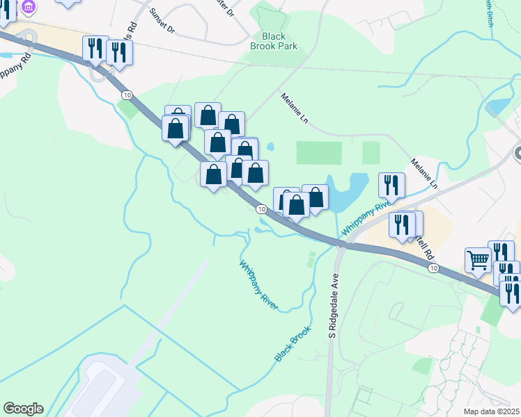 map of restaurants, bars, coffee shops, grocery stores, and more near 110 New Jersey 10 in Hanover
