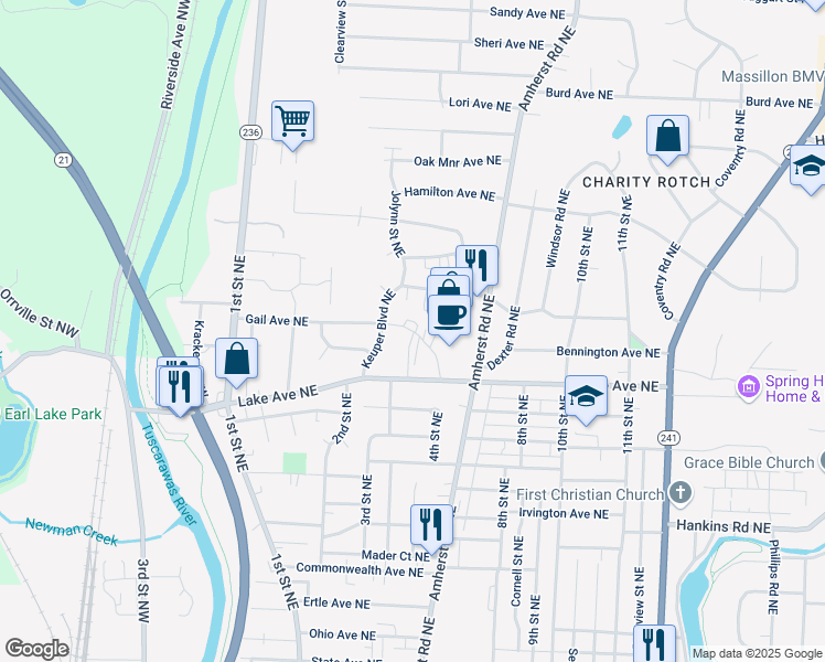 map of restaurants, bars, coffee shops, grocery stores, and more near 1560 Keuper Boulevard Northeast in Massillon