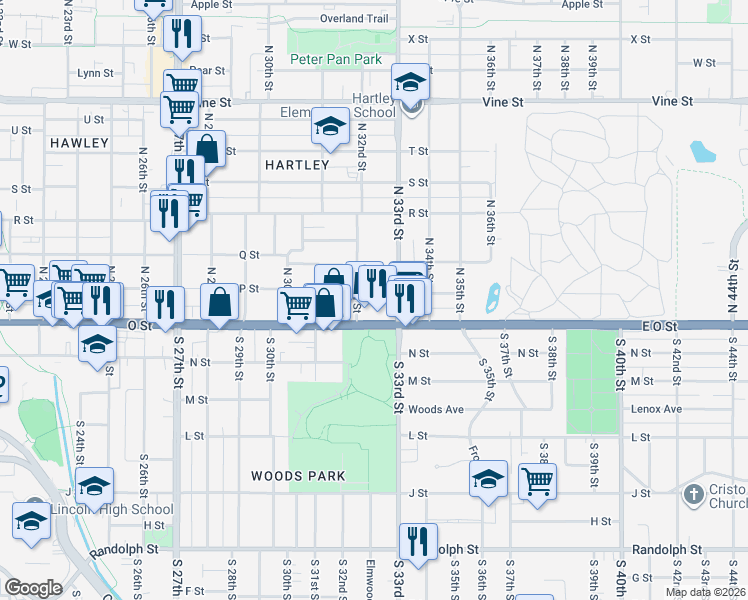 map of restaurants, bars, coffee shops, grocery stores, and more near 3243 Q Street in Lincoln