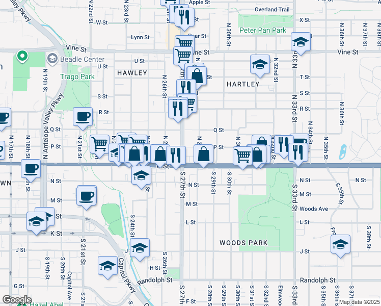 map of restaurants, bars, coffee shops, grocery stores, and more near 205 North 28th Street in Lincoln