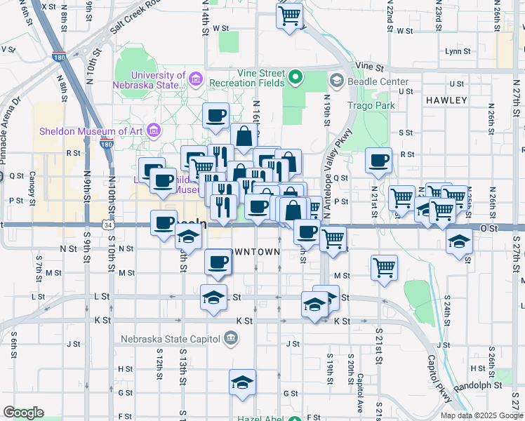 map of restaurants, bars, coffee shops, grocery stores, and more near 1630 P Street in Lincoln