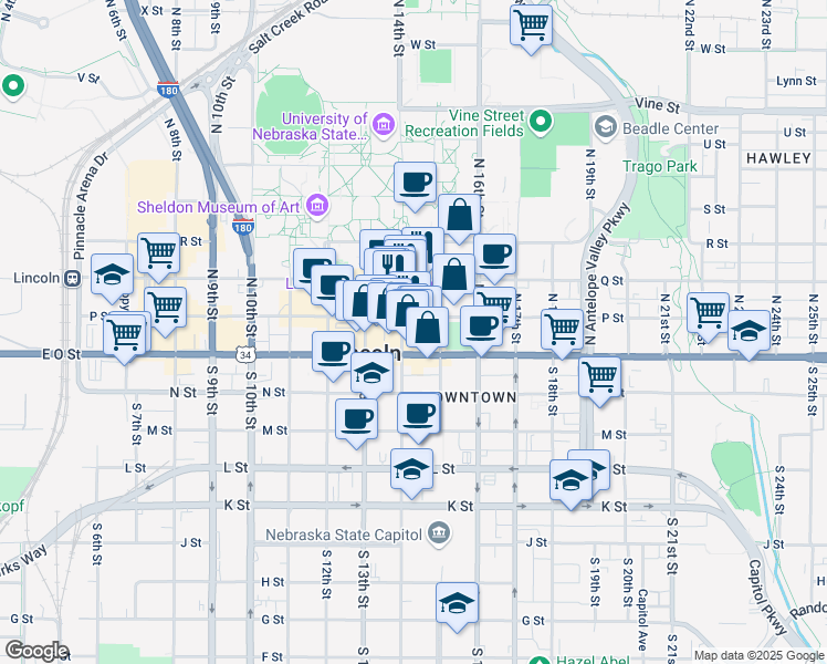 map of restaurants, bars, coffee shops, grocery stores, and more near 1420 P Street in Lincoln