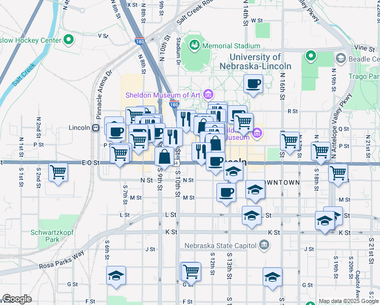 map of restaurants, bars, coffee shops, grocery stores, and more near 1040 P Street in Lincoln