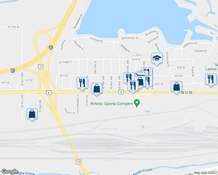 map of restaurants, bars, coffee shops, grocery stores, and more near 200 Northwest 17th Street in Lincoln
