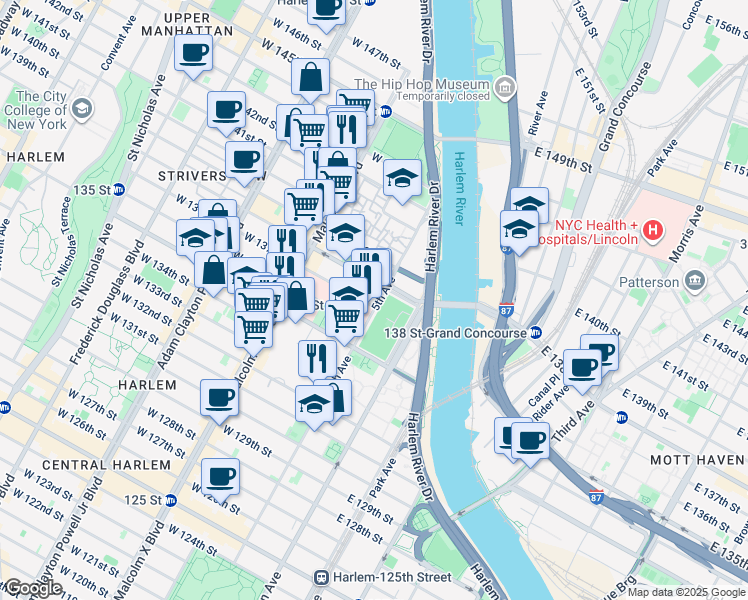 map of restaurants, bars, coffee shops, grocery stores, and more near 2254 5th Avenue in New York
