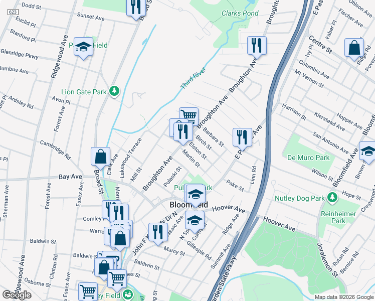 map of restaurants, bars, coffee shops, grocery stores, and more near 128 Broughton Avenue in Bloomfield