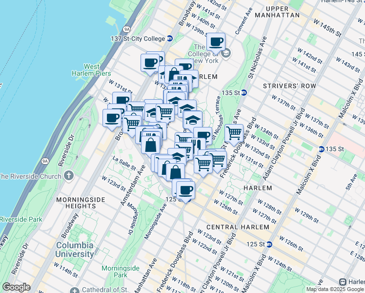 map of restaurants, bars, coffee shops, grocery stores, and more near Convent Ave & W 129th St in New York
