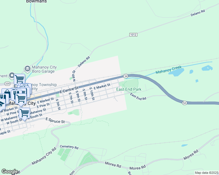 map of restaurants, bars, coffee shops, grocery stores, and more near 1221 East Pine Street in Mahanoy City