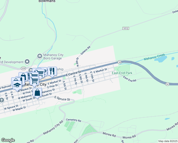 map of restaurants, bars, coffee shops, grocery stores, and more near 926 East Centre Street in Mahanoy City