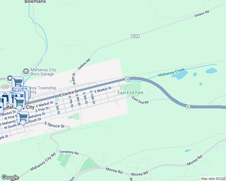 map of restaurants, bars, coffee shops, grocery stores, and more near 1239 East Pine Street in Mahanoy City