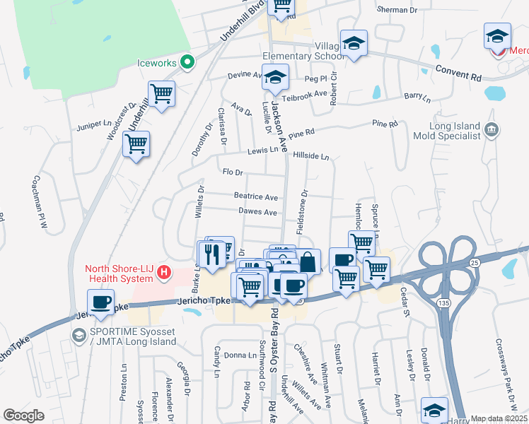 map of restaurants, bars, coffee shops, grocery stores, and more near 19 Beatrice Avenue in Syosset