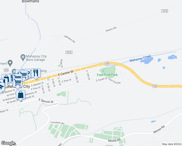 map of restaurants, bars, coffee shops, grocery stores, and more near 1221 East Pine Street in Mahanoy City