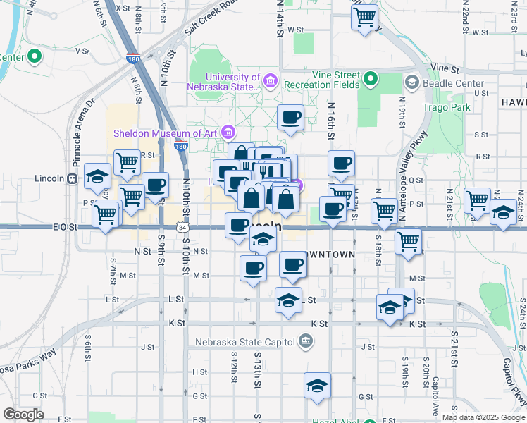 map of restaurants, bars, coffee shops, grocery stores, and more near 101 North 14th Street in Lincoln