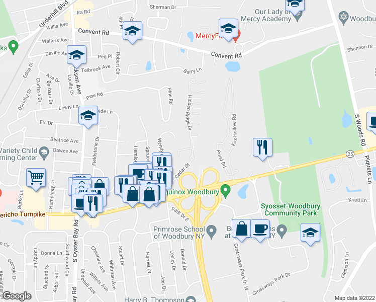map of restaurants, bars, coffee shops, grocery stores, and more near 40 The Mews in Syosset