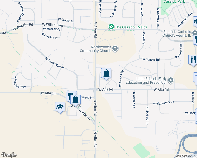 map of restaurants, bars, coffee shops, grocery stores, and more near 2401 West Alta Road in Peoria