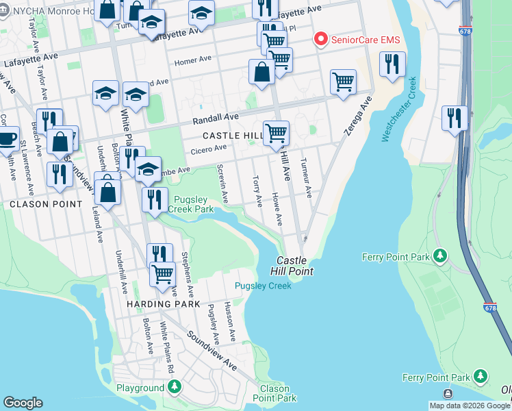 map of restaurants, bars, coffee shops, grocery stores, and more near 421 Torry Avenue in The Bronx