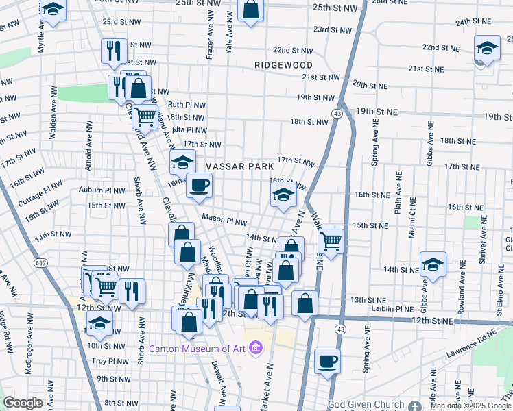 map of restaurants, bars, coffee shops, grocery stores, and more near 1539 Harvard Avenue Northwest in Canton