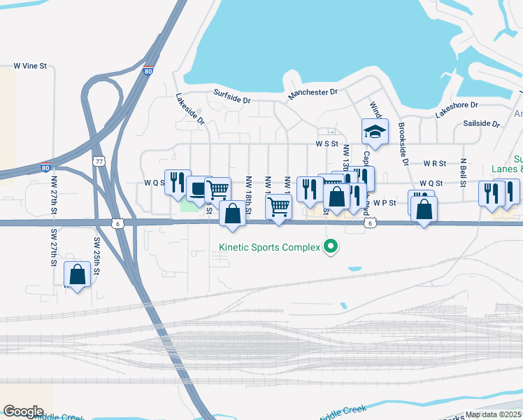 map of restaurants, bars, coffee shops, grocery stores, and more near 137 Northwest 17th Street in Lincoln
