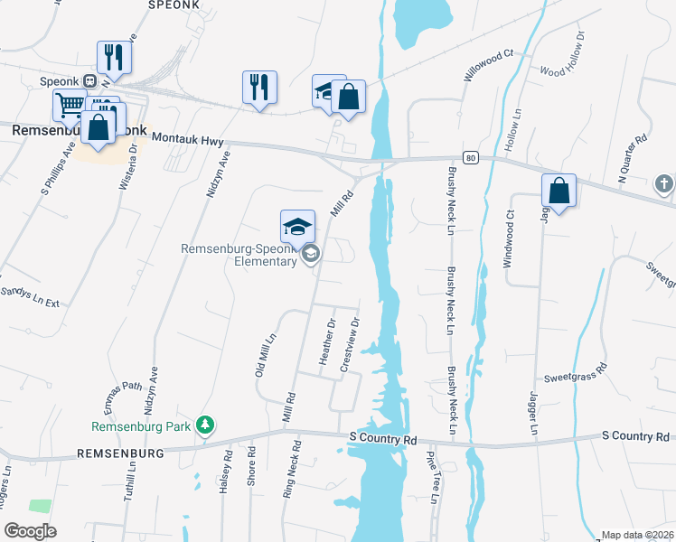 map of restaurants, bars, coffee shops, grocery stores, and more near 20 Mill Road in Calverton