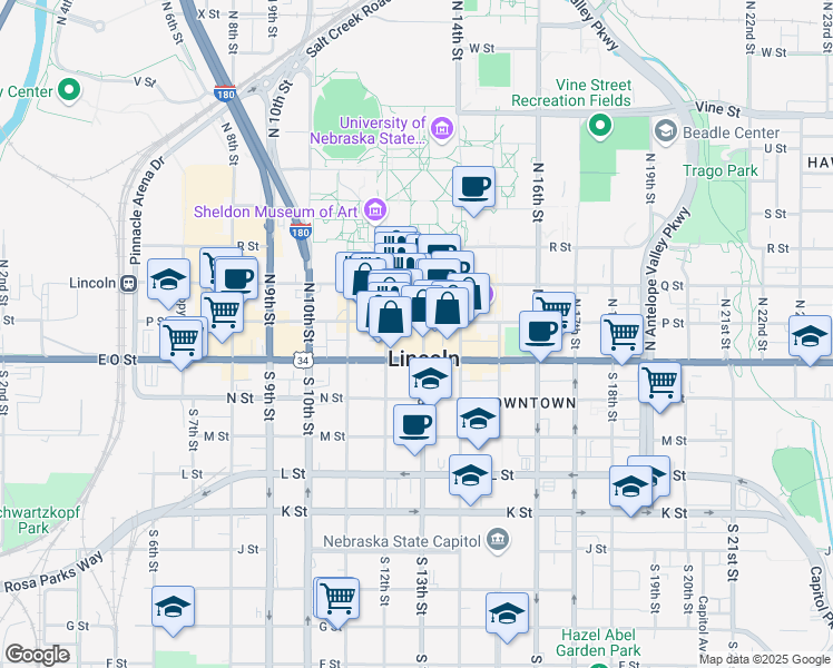 map of restaurants, bars, coffee shops, grocery stores, and more near 1248 O Street in Lincoln