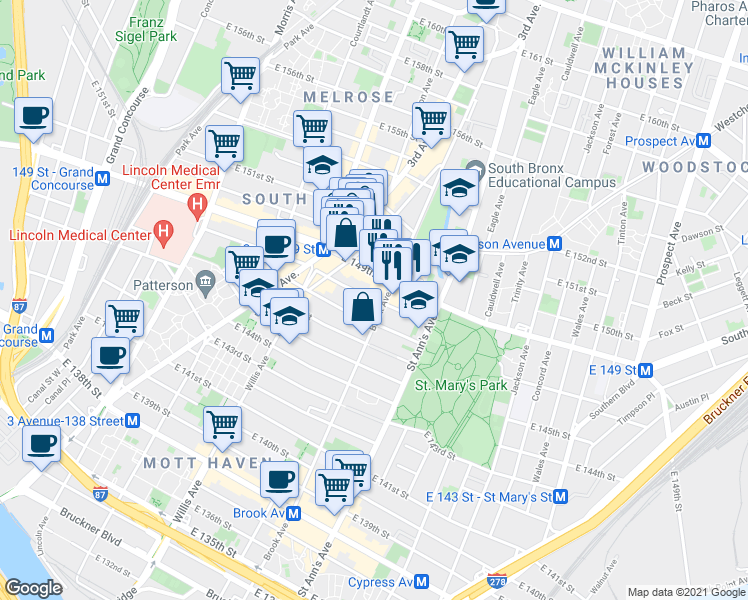 map of restaurants, bars, coffee shops, grocery stores, and more near 464 East 148th Street in Bronx