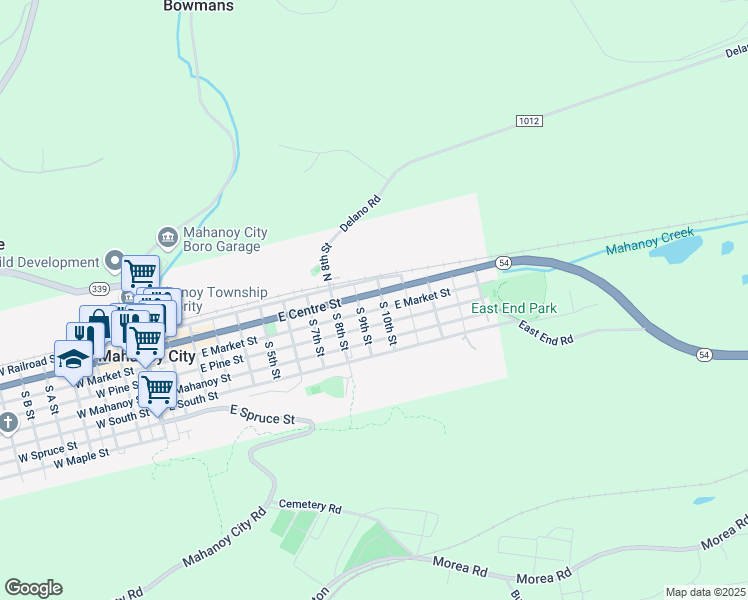 map of restaurants, bars, coffee shops, grocery stores, and more near 926 East Centre Street in Mahanoy City