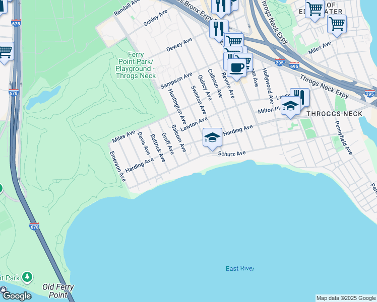 map of restaurants, bars, coffee shops, grocery stores, and more near 224 Huntington Avenue in Bronx
