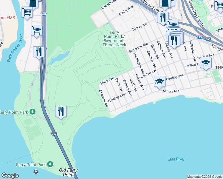 map of restaurants, bars, coffee shops, grocery stores, and more near 2606 Miles Avenue in Bronx