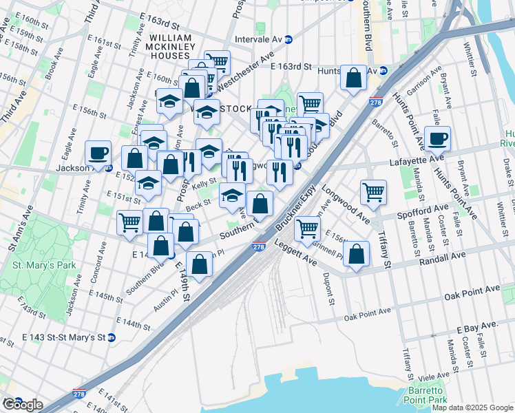 map of restaurants, bars, coffee shops, grocery stores, and more near 737 Fox Street in Bronx