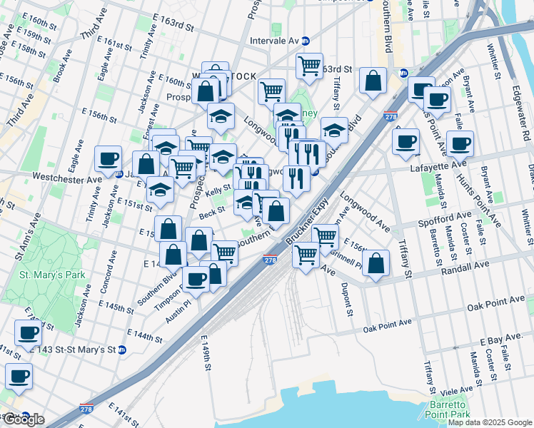 map of restaurants, bars, coffee shops, grocery stores, and more near 737 Fox Street in Bronx