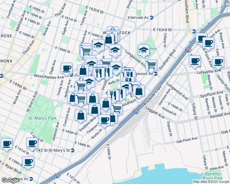map of restaurants, bars, coffee shops, grocery stores, and more near 947 Avenue Saint John in Bronx