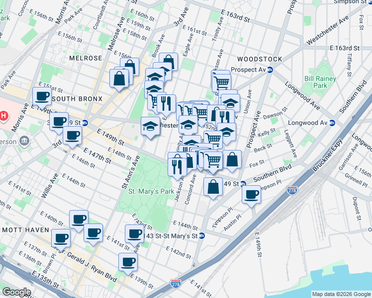 map of restaurants, bars, coffee shops, grocery stores, and more near 595 Trinity Avenue in The Bronx