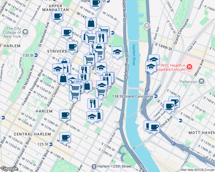 map of restaurants, bars, coffee shops, grocery stores, and more near 2252 5th Avenue in New York
