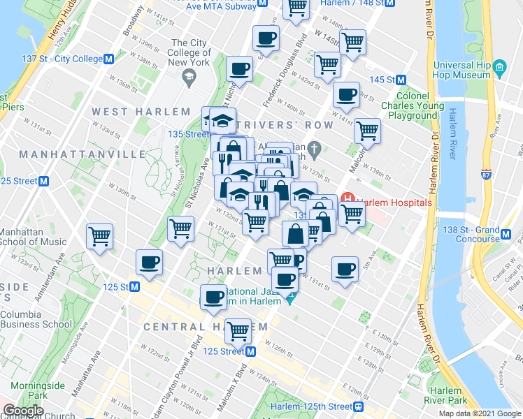 map of restaurants, bars, coffee shops, grocery stores, and more near 222 West 134th Street in New York