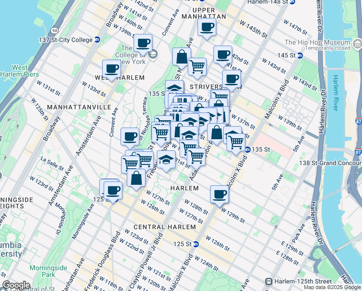 map of restaurants, bars, coffee shops, grocery stores, and more near 2480 Frederick Douglass Boulevard in New York