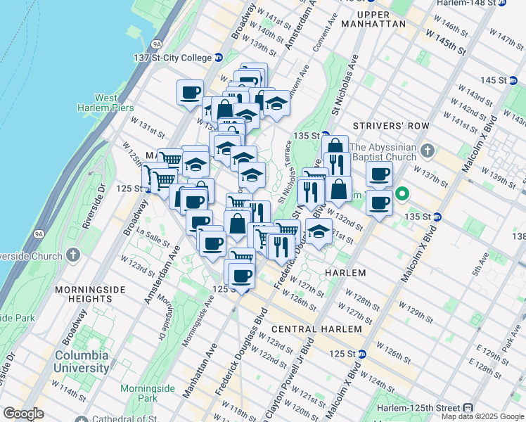 map of restaurants, bars, coffee shops, grocery stores, and more near 425 West 130th Street in New York
