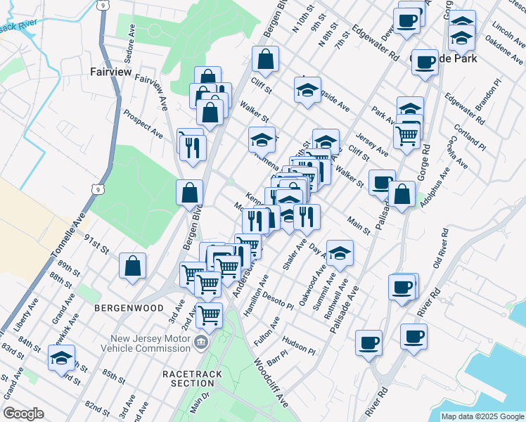 map of restaurants, bars, coffee shops, grocery stores, and more near 402 Kennedy Drive in Fairview