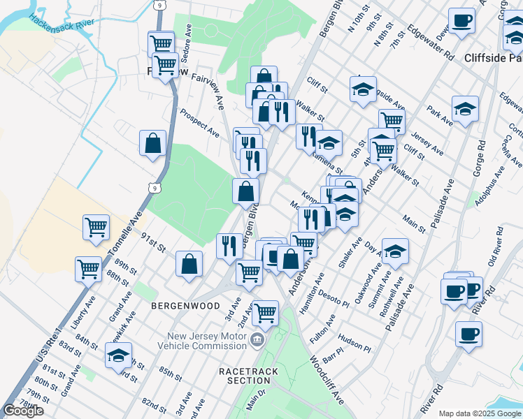 map of restaurants, bars, coffee shops, grocery stores, and more near 110-114 South Bergen Boulevard in Fairview