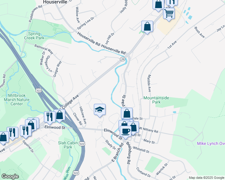 map of restaurants, bars, coffee shops, grocery stores, and more near 512 Hickory Lane in State College
