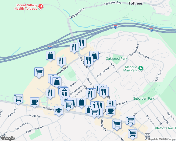 map of restaurants, bars, coffee shops, grocery stores, and more near 1920 Waddle Road in State College