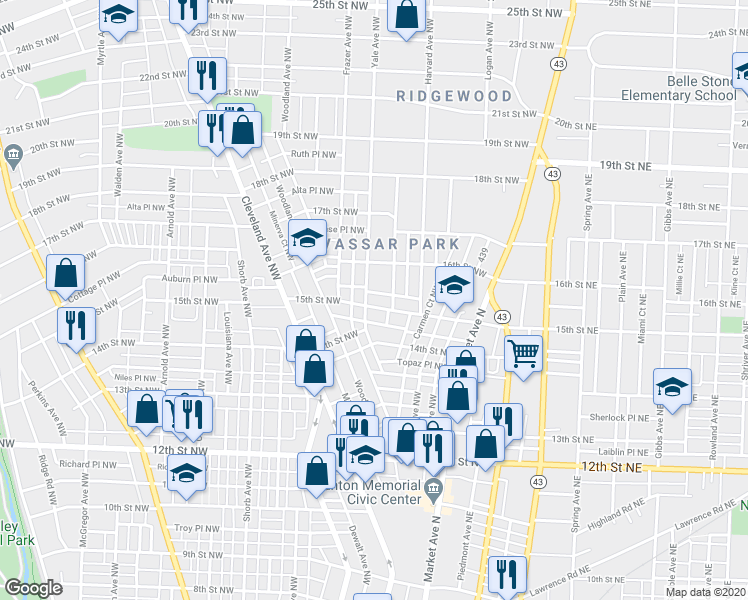 map of restaurants, bars, coffee shops, grocery stores, and more near 1524 Yale Avenue Northwest in Canton