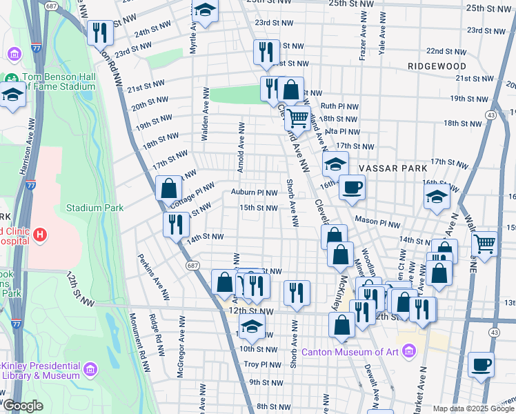 map of restaurants, bars, coffee shops, grocery stores, and more near 1102 Auburn Place Northwest in Canton